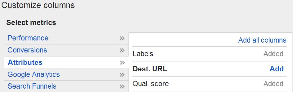 Good idea: Adding the quality score column to quickly note which keywords are doing well